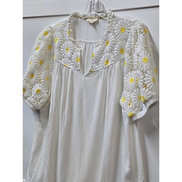 Umgee Linen Blend Eyelet Lace Top Blouse White Balloon Sleeves Peasant Boho Larg - Picture 2 of 6